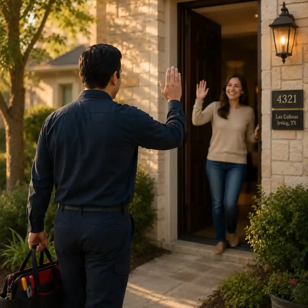 Mas Heating & Airconditioning LLC technician carrying a tool bag and waving goodbye to a satisfied customer in Las Colinas after providing professional HVAC Services in Irving, TX